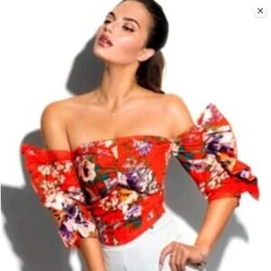 H&M Red Off-Shoulder Floral Puff Sleeve Crop Top Y2K Blouse Size Small (4)